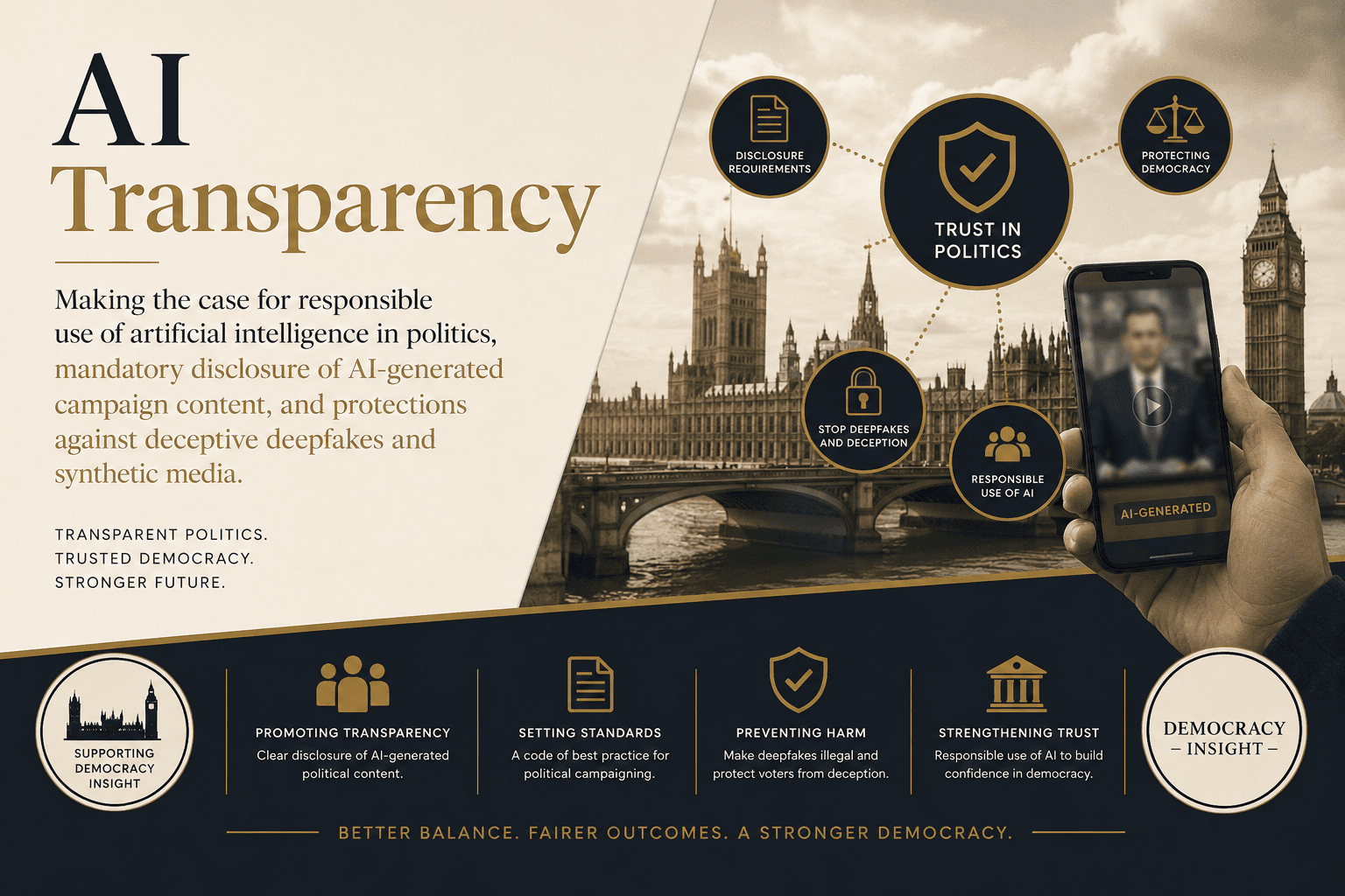 AI Transparency campaign artwork showing Westminster, trust in politics and disclosure requirements for AI-generated political content.