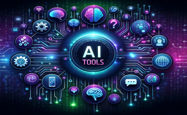 AI tools graphic showing artificial intelligence icons and digital networks